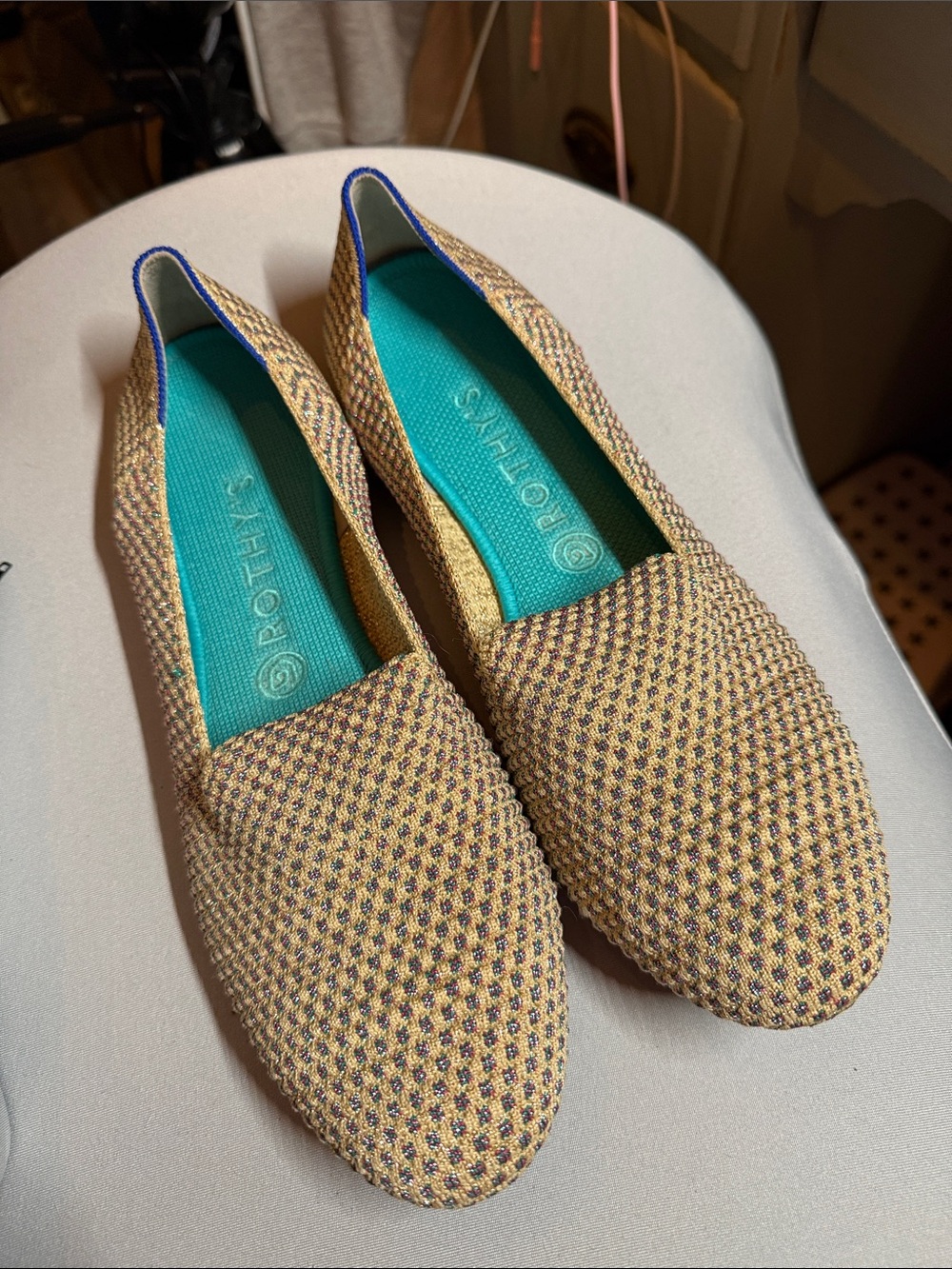 Rothy's Metallic Gold and Purple Woven Slip-On Flats